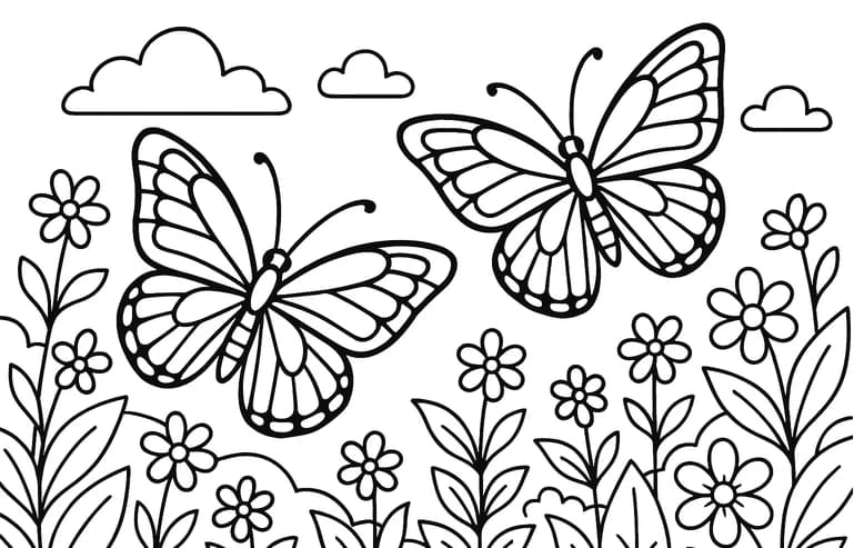 Butterfly and Flowers Coloring Page